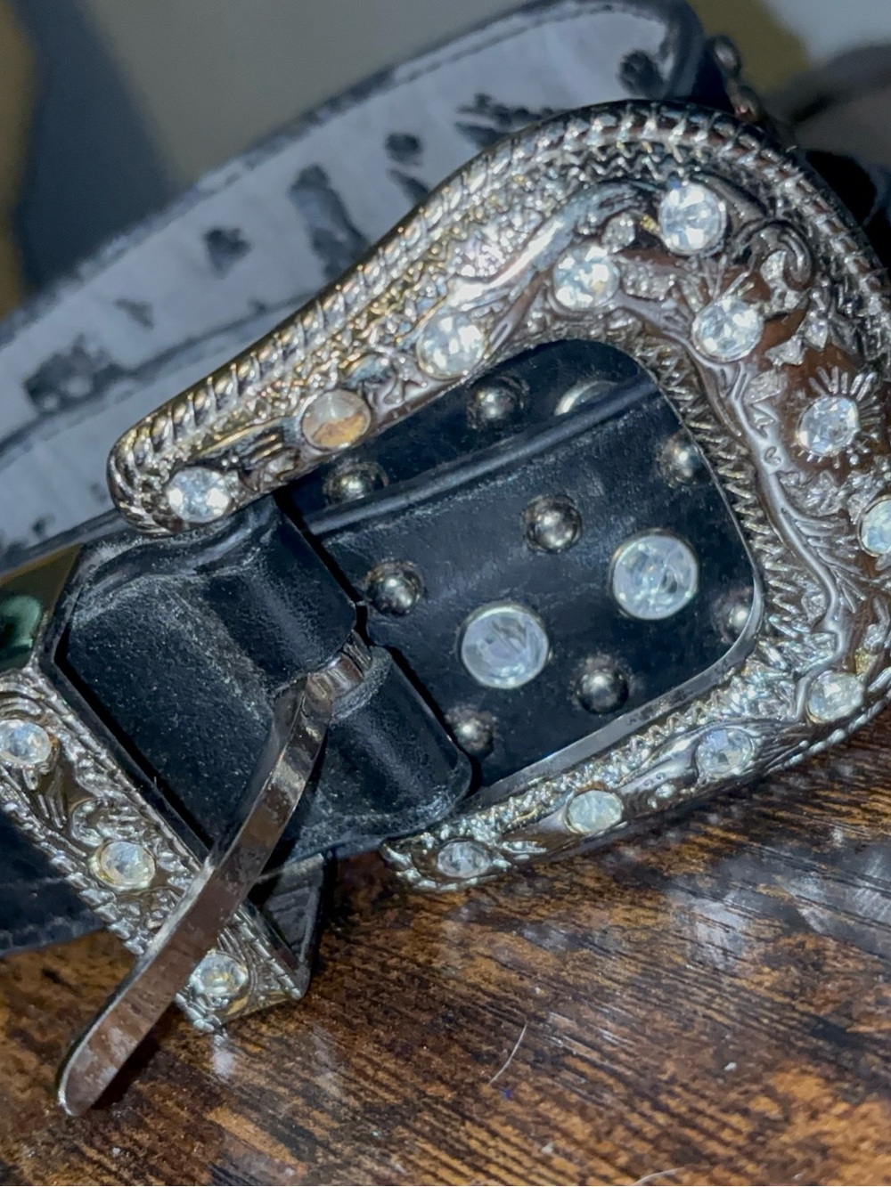 Black Western-Style Rhinestone Studded Leather Belt